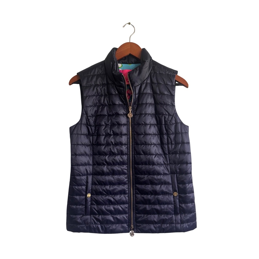 Lilly Pulitzer Navy Blue Quilted Puffer Vest Floral Lining Gold Hardware M